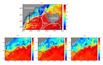 illustration showing sea surface salinity data off the East Greenland Shelf